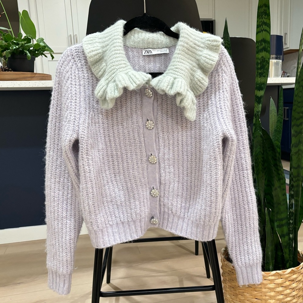 Zara Lavender Knit Cardigan with Mint Ruffle Collar